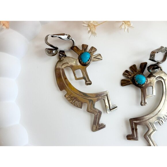 Kokopelli Sleeping Beauty Turquoise Sterling Silver Mexican Vintage Earrings - Picture 4 of 10